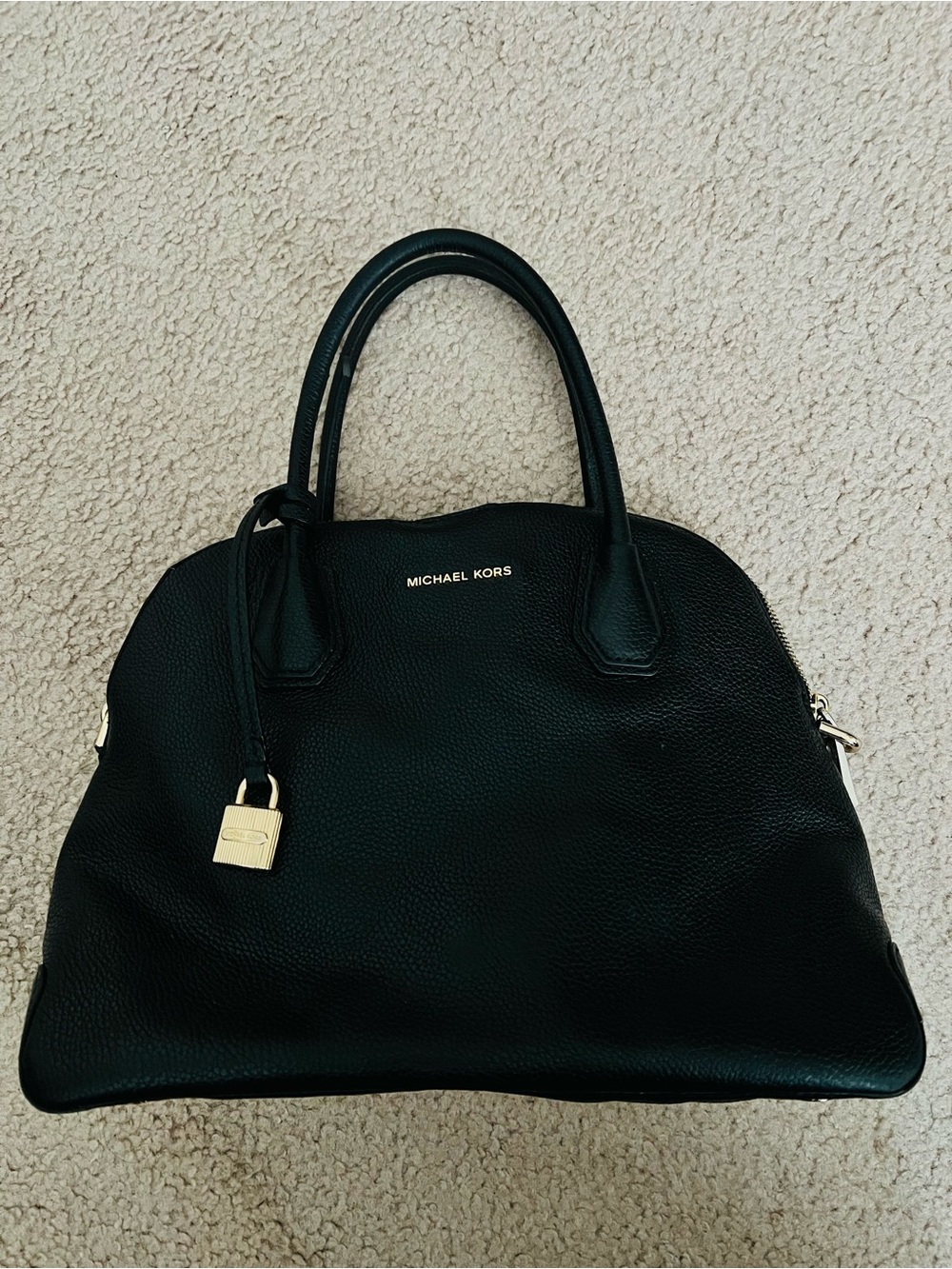 Michael Kors Black Pebbled Leather Dome Satchel with Gold Hardware